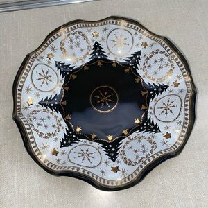 Vintage Houze Art Glass Trinket Candy Dish HOLIDAY Christmas Trees  Black Gold